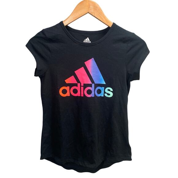 Adidas Top Girls Black Colorful Rainbow Logo Graphic Tee Activewear - Picture 1 of 13